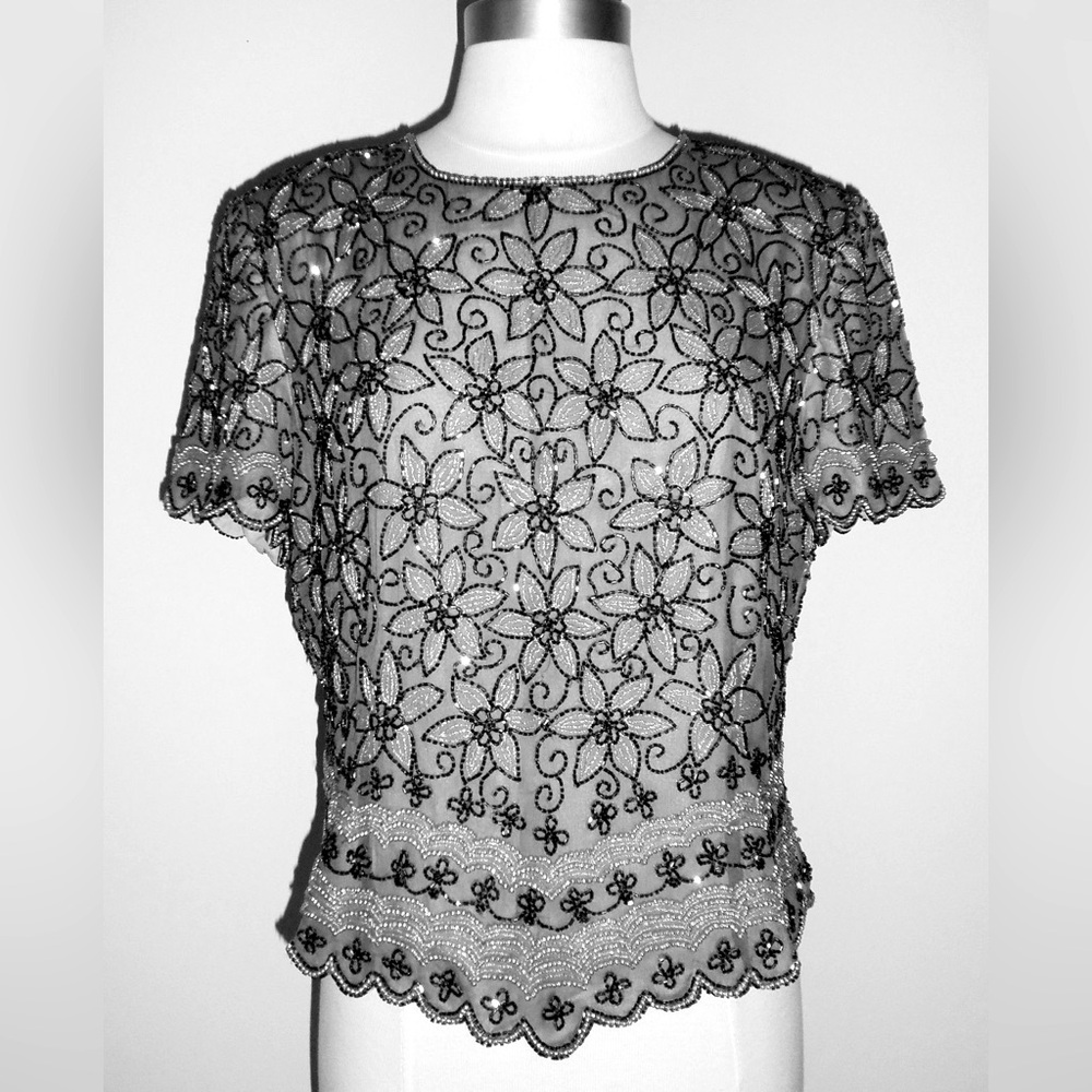 PAPELL BOUTIQUE Evening Gray Beaded Blouse Size L